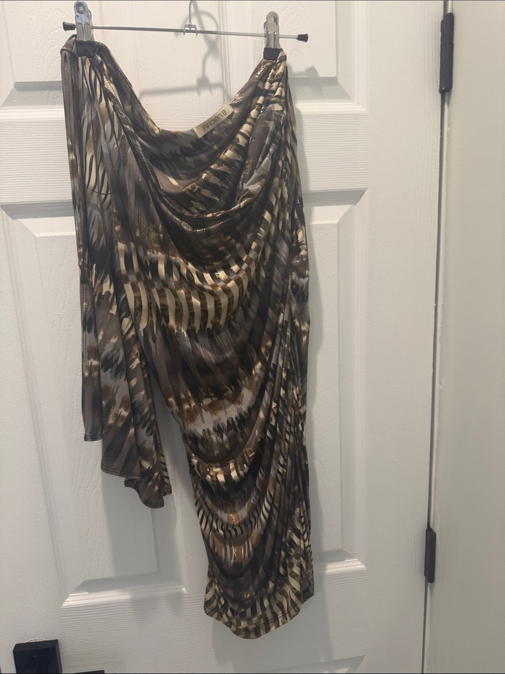 Arden B One-Shoulder Asymmetrical Draped Dress in Brown, Tan and Black Print